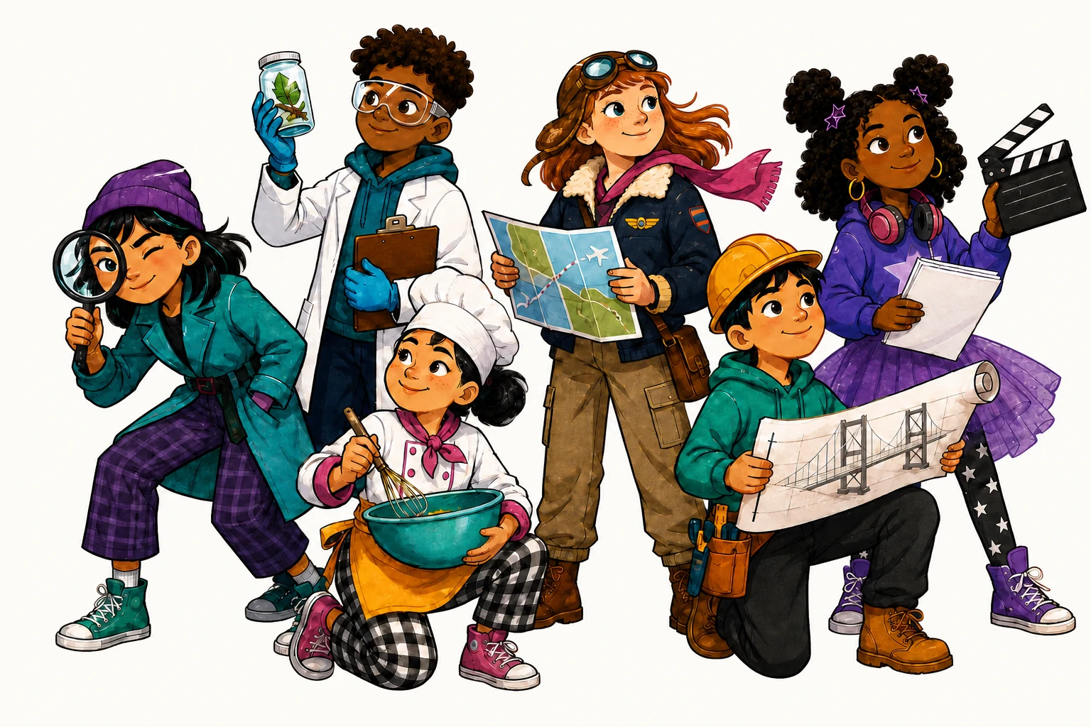 Six children explore roles including detective, scientist, pilot, chef, engineer and scriptwriter.